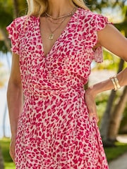 Sosandar Pink Animal Print Flutter Sleeve Wrap Dress - Image 4 of 5