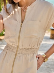 Sosandar Natural Linen Blend Drawstring Zip Through Utility Dress - Image 4 of 5