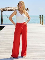 Sosandar Orange Linen Blend Drawstring Waist Wide Leg Trousers - Image 1 of 4