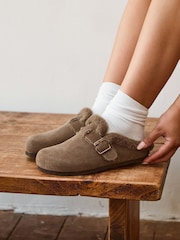 Linzi Mocha Brown Ember Suede Leather Fur Lined Slippers - Image 1 of 6