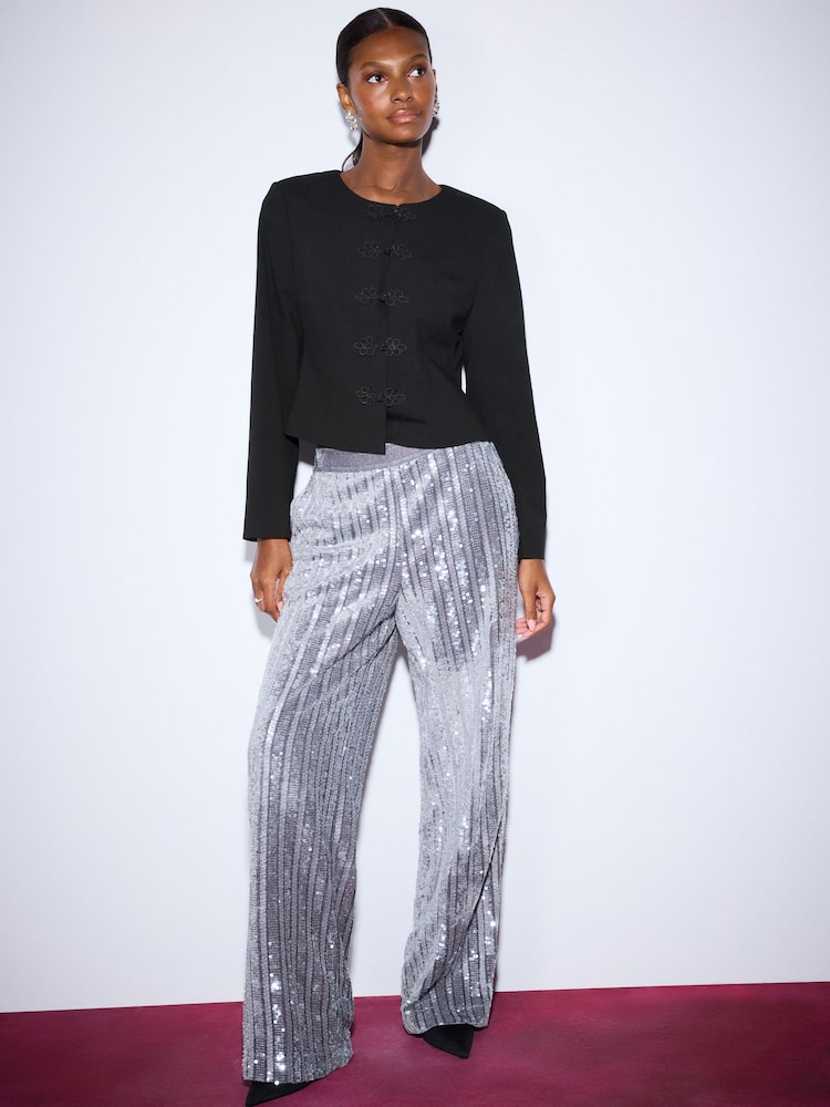 Silver Velvet Sequin Stripe Pull On Wide Leg Trousers - Image 1 of 5