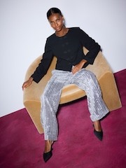 Silver Velvet Sequin Stripe Pull On Wide Leg Trousers - Image 2 of 5