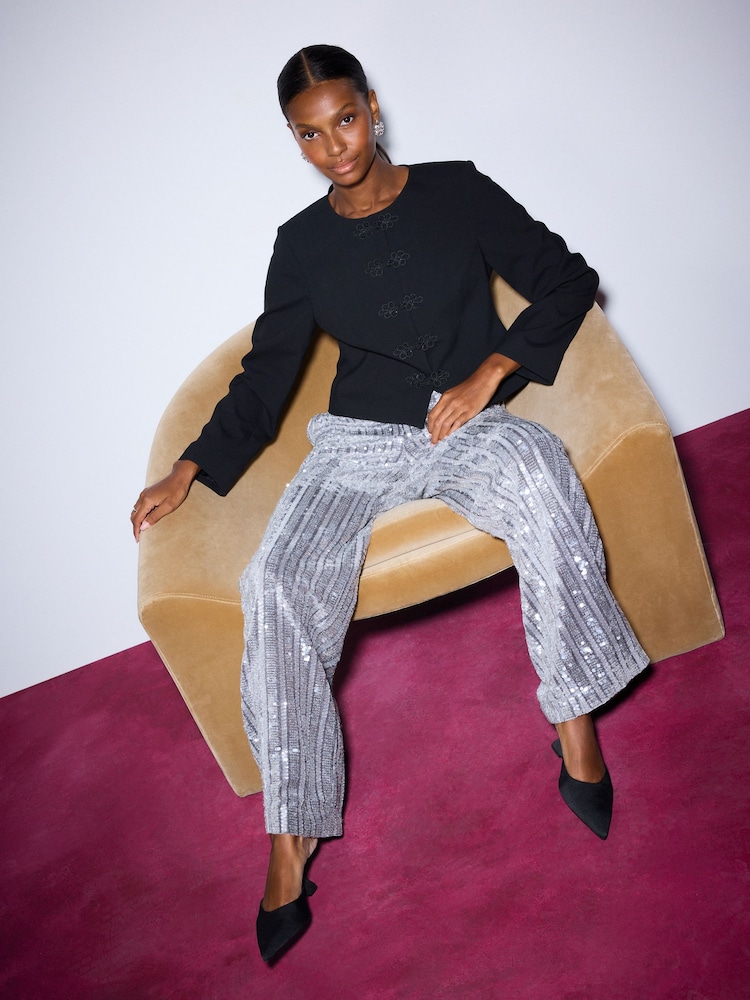Silver Velvet Sequin Stripe Pull On Wide Leg Trousers - Image 2 of 5