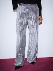 Silver Velvet Sequin Stripe Pull On Wide Leg Trousers - Image 3 of 5