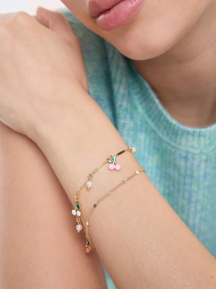 Oliver Bonas Gold Tone Molly Multi Cherry Charm Double Row Bracelet - Image 4 of 4 Oliver Bonas Gold Tone Molly Multi Cherry Charm Double Row Bracelet - Image 4 of 4