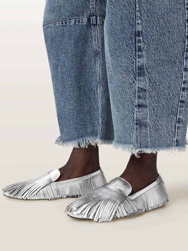AllSaints Metallic Sandy Fringe Loafers - Image 2 of 7 AllSaints Metallic Sandy Fringe Loafers - Image 2 of 7