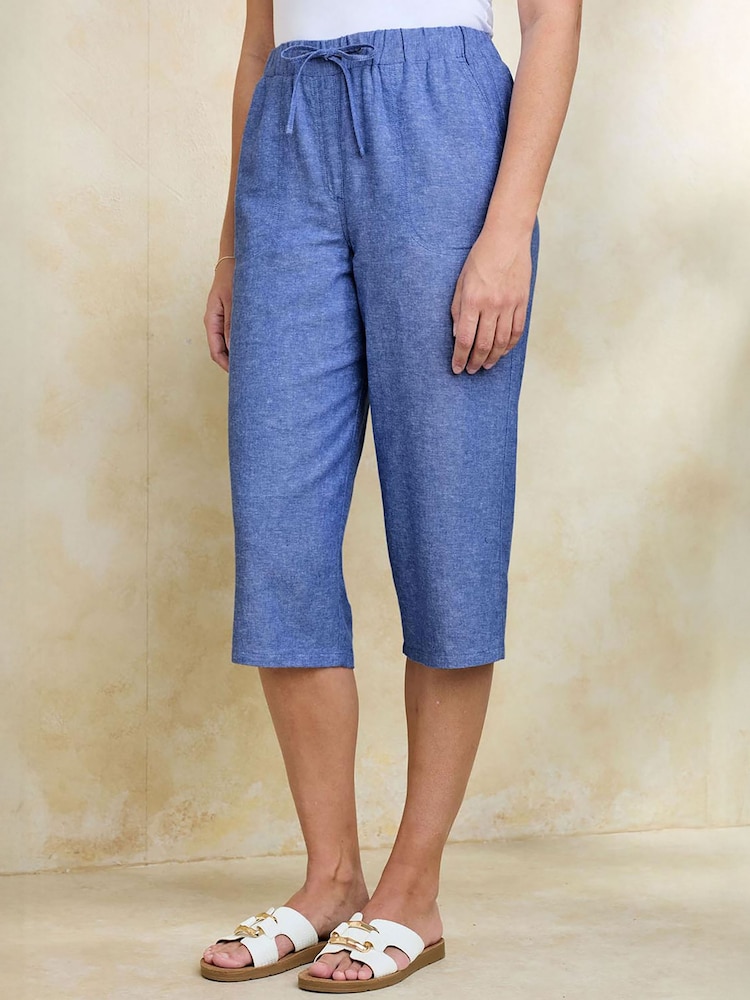 Cotton Traders Blue Linen Blend Relaxed Fit Cropped Trousers - Image 2 of 4