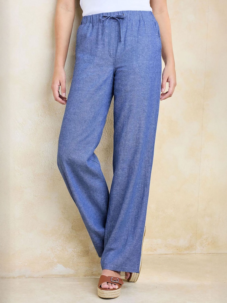 Cotton Traders Blue Linen Blend Relaxed Fit Trousers - Image 1 of 4
