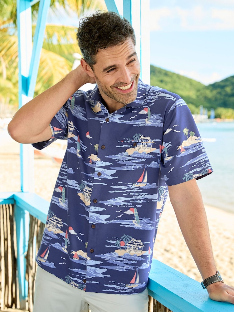 Cotton Traders Blue Short Sleeve Summer Print Soft Touch Shirt - Image 1 of 3