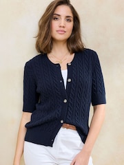Cotton Traders Blue Short Sleeve Cable Cardigan - Image 1 of 4