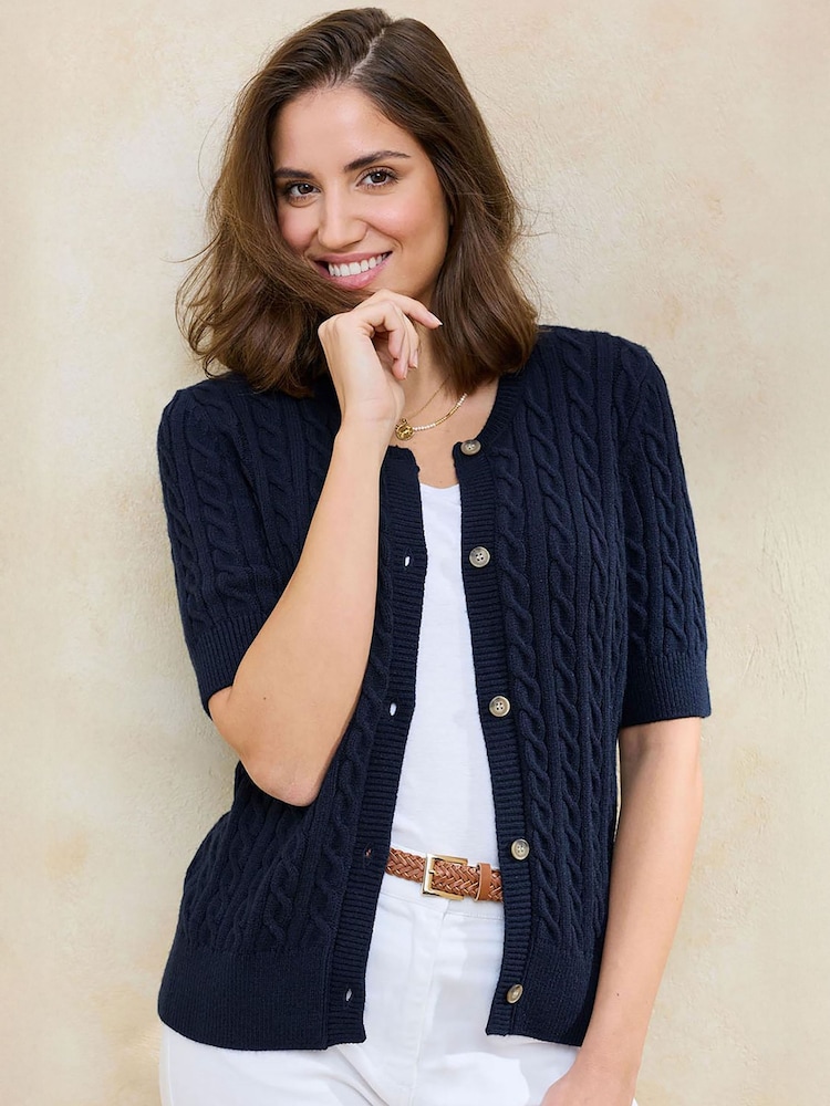 Cotton Traders Blue Short Sleeve Cable Cardigan - Image 2 of 4