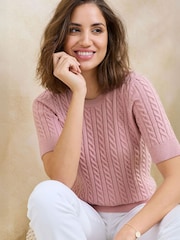 Cotton Traders Pink Short Sleeve Cable Jumper - Image 1 of 4
