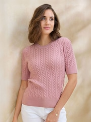 Cotton Traders Pink Short Sleeve Cable Jumper - Image 3 of 4