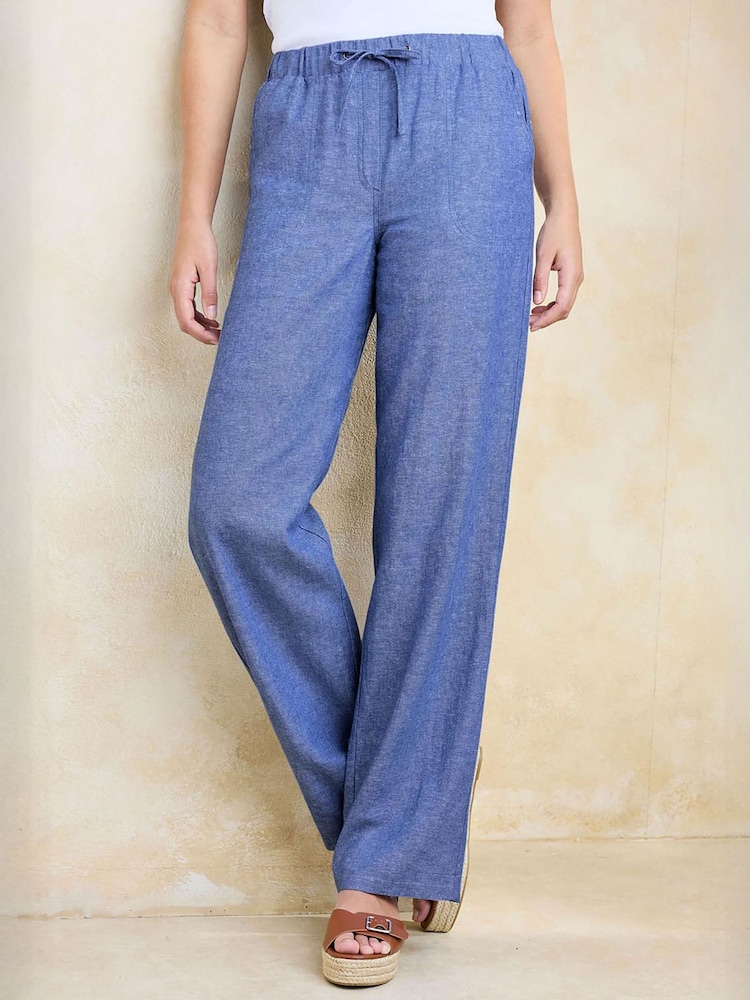 Cotton Traders Blue Linen Blend Relaxed Fit Trousers - Image 1 of 4 Cotton Traders Blue Linen Blend Relaxed Fit Trousers - Image 1 of 4