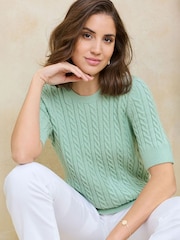 Cotton Traders Green Short Sleeve Cable Jumper - Image 3 of 4