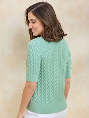 Cotton Traders Green Short Sleeve Cable Cardigan - Image 2 of 4