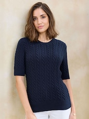 Cotton Traders Blue Short Sleeve Cable Jumper - Image 3 of 4