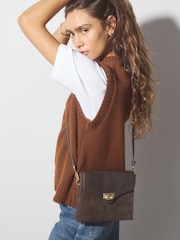 Chocolate Brown Leather Lock Cross-Body Bag - Image 1 of 9