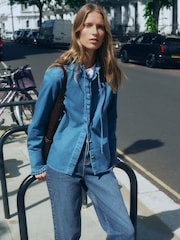 Mid Blue Pie Crust Ruffle Neck Denim Shirt - Image 1 of 9