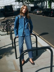 Mid Blue Pie Crust Ruffle Neck Denim Shirt - Image 2 of 9