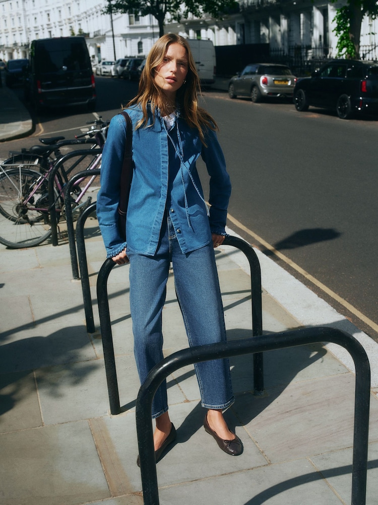 Mid Blue Pie Crust Ruffle Neck Denim Shirt - Image 2 of 9 Mid Blue Pie Crust Ruffle Neck Denim Shirt - Image 2 of 9