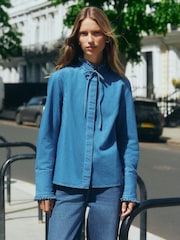 Mid Blue Pie Crust Ruffle Neck Denim Shirt - Image 3 of 9