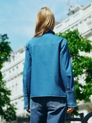 Mid Blue Pie Crust Ruffle Neck Denim Shirt - Image 4 of 9