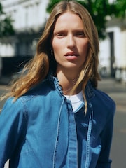 Mid Blue Pie Crust Ruffle Neck Denim Shirt - Image 5 of 9