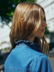 Mid Blue Pie Crust Ruffle Neck Denim Shirt - Image 6 of 9