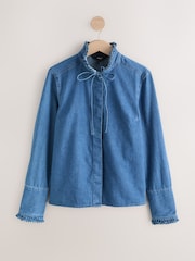 Mid Blue Pie Crust Ruffle Neck Denim Shirt - Image 7 of 9