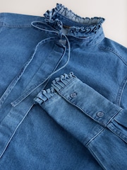 Mid Blue Pie Crust Ruffle Neck Denim Shirt - Image 8 of 9
