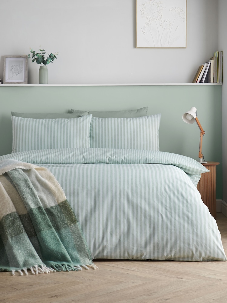 Catherine Lansfield Green Epping Textured Stripe Reversible Duvet Cover and Pillowcase Set - Image 1 of 5 Catherine Lansfield Green Epping Textured Stripe Reversible Duvet Cover and Pillowcase Set - Image 1 of 5