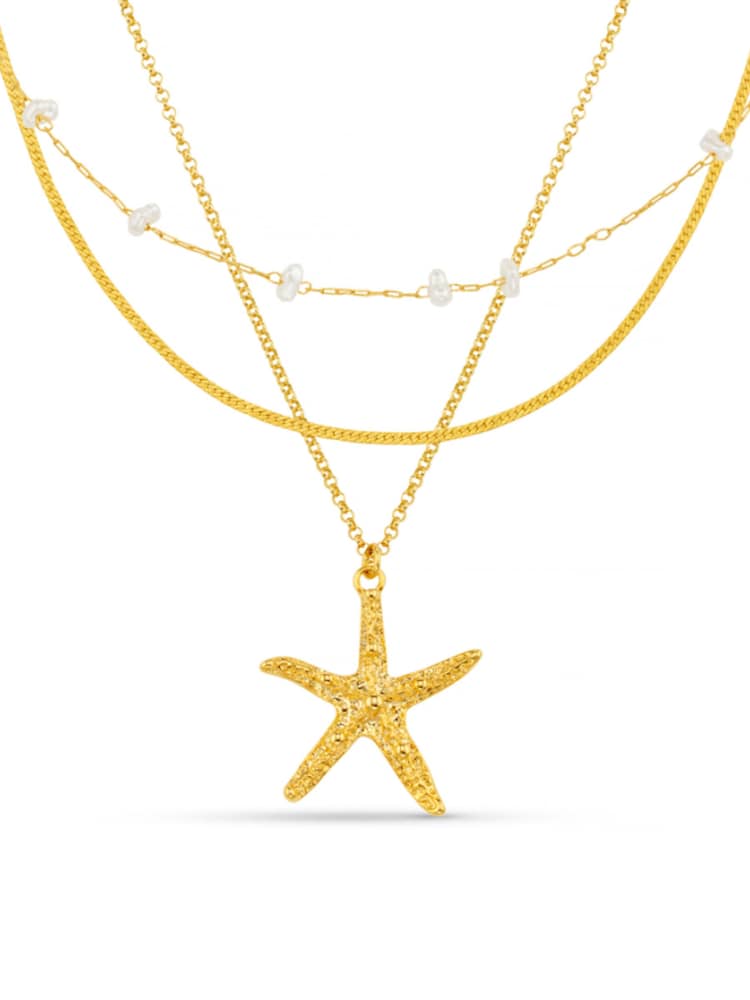 Orelia London Gold Tone Starfish & Stationed Pearl 3 Row Necklace - Image 1 of 4 Orelia London Gold Tone Starfish & Stationed Pearl 3 Row Necklace - Image 1 of 4