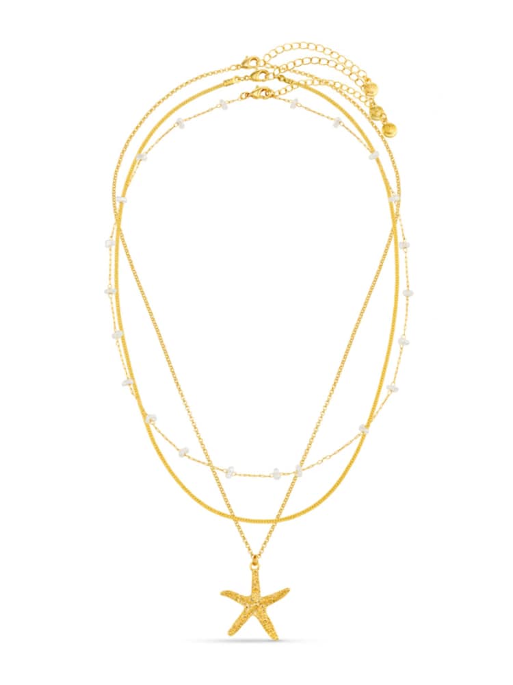 Orelia London Gold Tone Starfish & Stationed Pearl 3 Row Necklace - Image 2 of 4 Orelia London Gold Tone Starfish & Stationed Pearl 3 Row Necklace - Image 2 of 4
