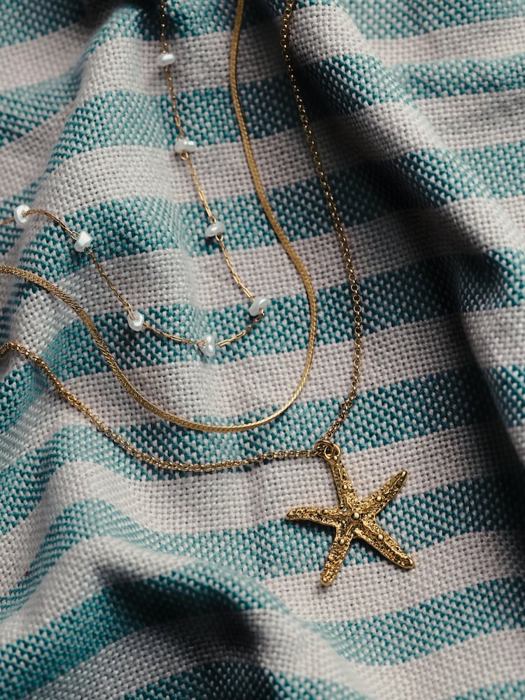Orelia London Gold Tone Starfish & Stationed Pearl 3 Row Necklace - Image 4 of 4 Orelia London Gold Tone Starfish & Stationed Pearl 3 Row Necklace - Image 4 of 4