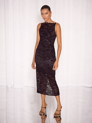 Қара - Lipsy Velvet Lace Square Neck Strappy Bodycon Midi Dress - 5суретінің 1 суреті
