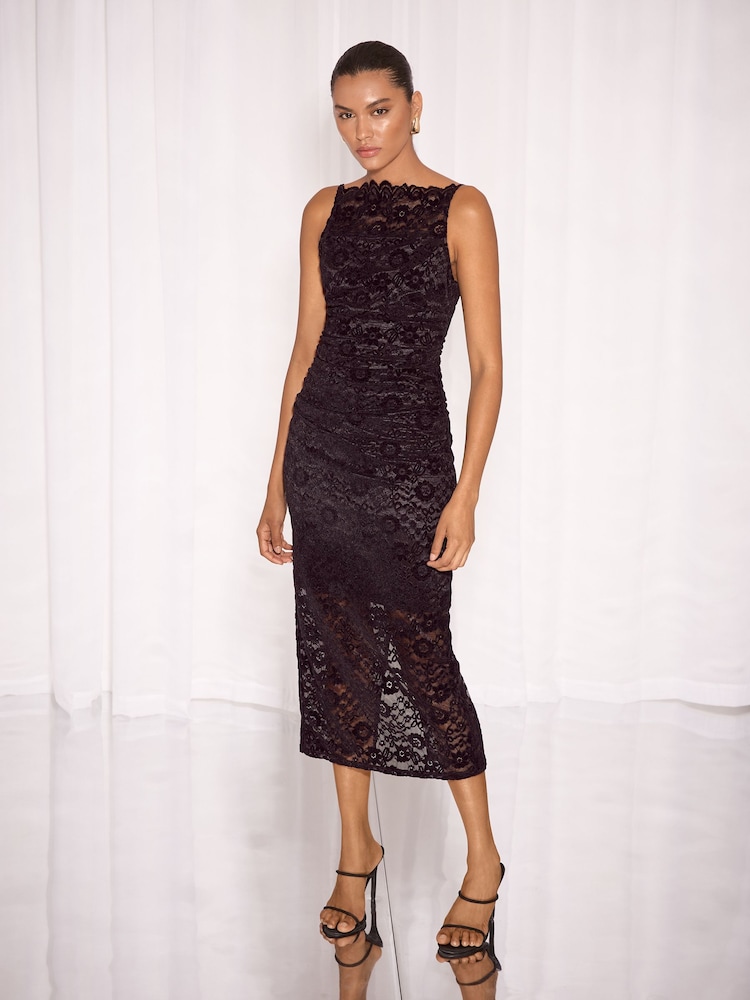 Қара - Lipsy Velvet Lace Square Neck Strappy Bodycon Midi Dress - 5суретінің 1 суреті