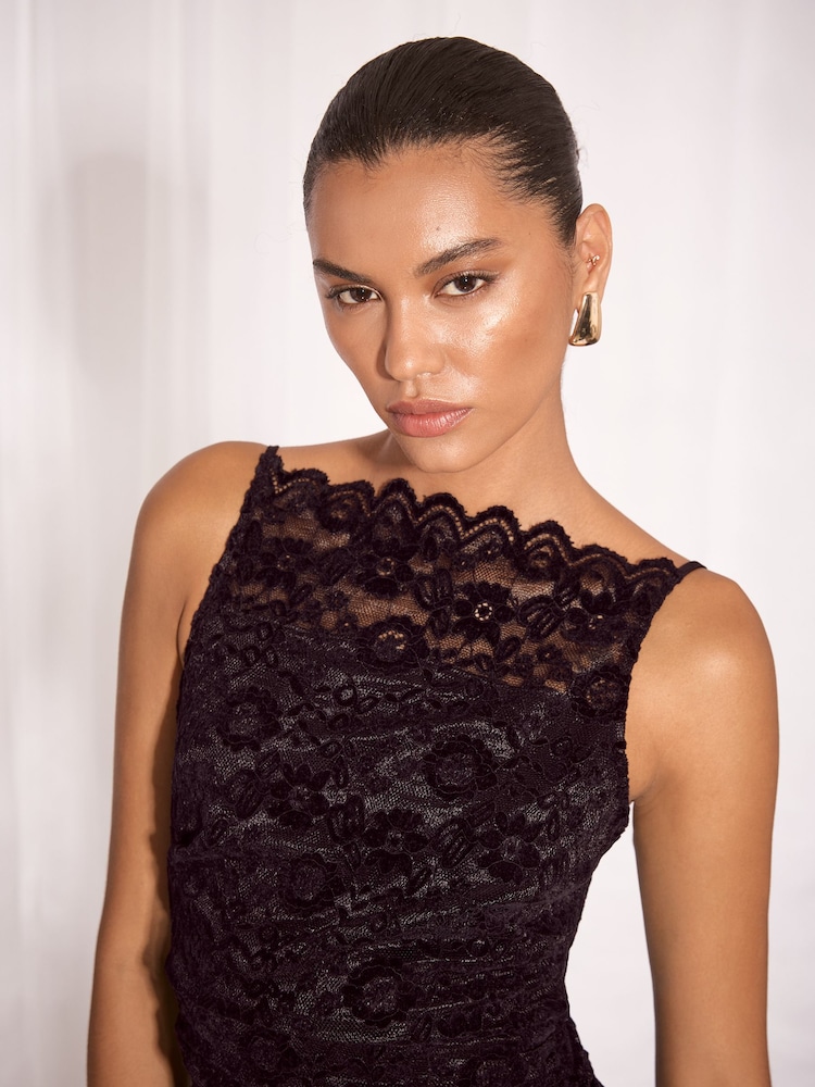 Қара - Lipsy Velvet Lace Square Neck Strappy Bodycon Midi Dress - 5суретінің 2 суреті