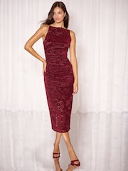 Бургундия қызылы - Lipsy Velvet Lace Square Neck Strappy Bodycon Midi Dress - 6суретінің 1 суреті