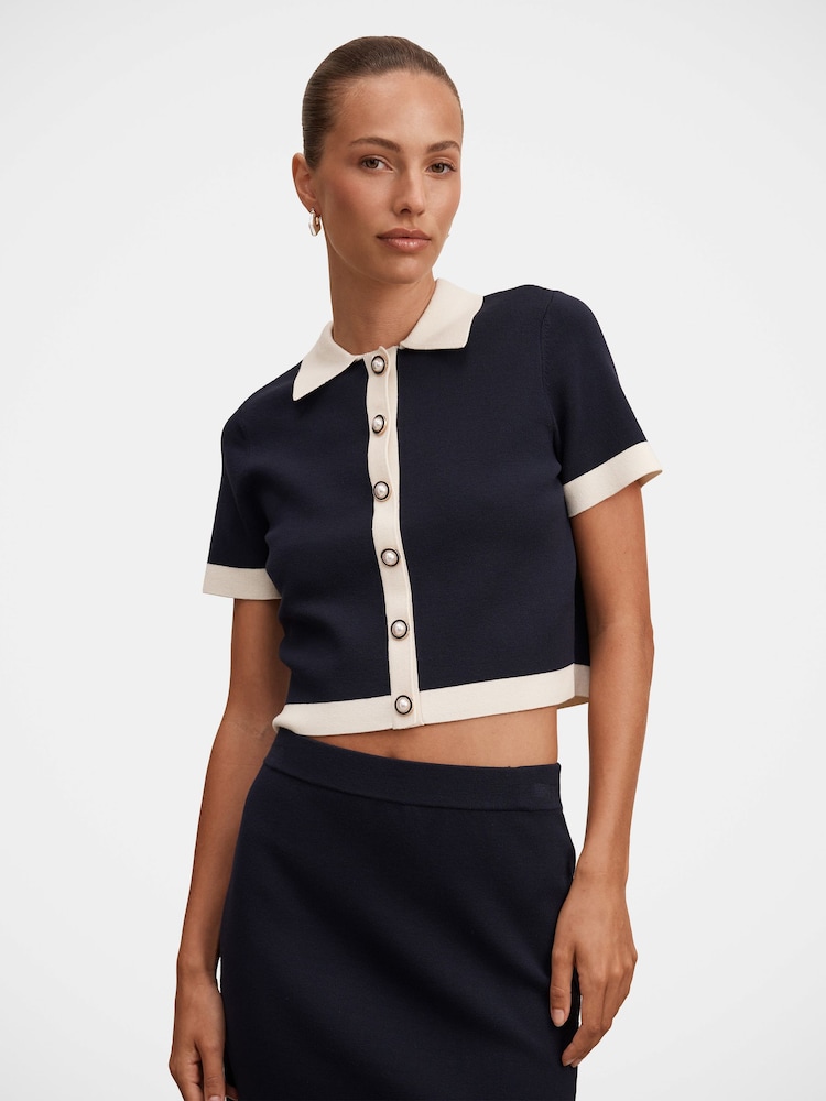 Forever New Blue Farah Knitted Button Through T-Shirt - Image 1 of 5