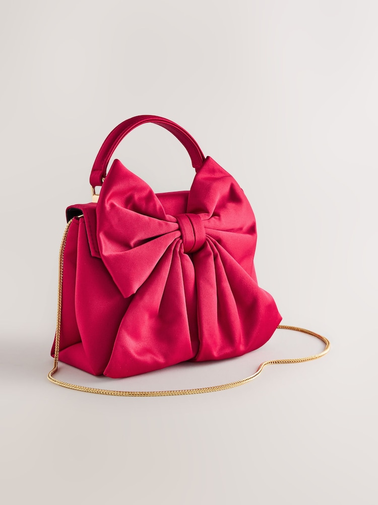 Pink Satin Effect Bow Hand Held Bag - Image 1 of 5 Pink Satin Effect Bow Hand Held Bag - Image 1 of 5