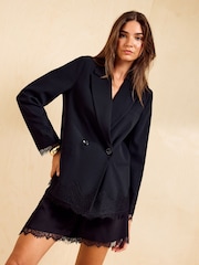 Friends Like These Black Lace Trim Double Breasted Blazer - Image 3 of 5