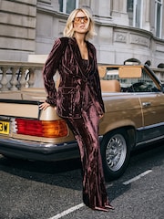 Friends Like These X Mollie King Brown Crinkle Velvet Flare Trousers - Image 1 of 6