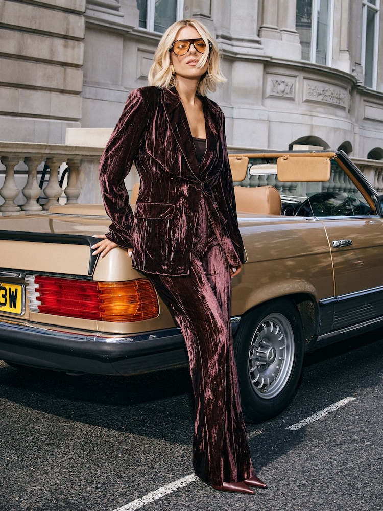 Friends Like These X Mollie King Brown Crinkle Velvet Flare Trousers - Image 1 of 6 Friends Like These X Mollie King Brown Crinkle Velvet Flare Trousers - Image 1 of 6