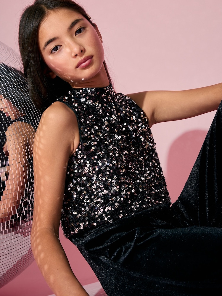Lipsy Silver Sequin Halter 2-in-1 Party Jumpsuit (7-16yrs) - Image 5 of 5 Lipsy Silver Sequin Halter 2-in-1 Party Jumpsuit (7-16yrs) - Image 5 of 5