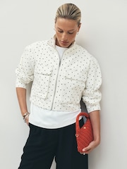 Ecru/Black Polka Dot Funnel Neck Zip Through Boxy Denim Jacket - Image 1 of 7