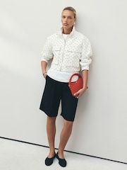 Ecru/Black Polka Dot Funnel Neck Zip Through Boxy Denim Jacket - Image 2 of 7