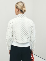 Ecru/Black Polka Dot Funnel Neck Zip Through Boxy Denim Jacket - Image 3 of 7