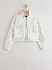 Ecru/Black Polka Dot Funnel Neck Zip Through Boxy Denim Jacket - Image 5 of 7