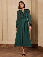 Love & Roses Forest Green Frogging Velvet Detail Midi Dress - Image 1 of 6